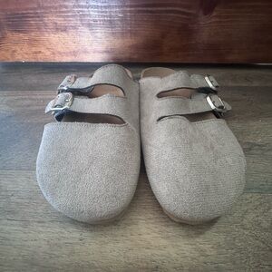 Taupe Suede Double Buckle Slip-On Clogs